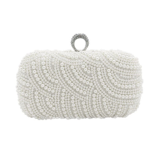 Rhinestone and Pearl Ringed Banquet Clutch Bag.  Fully studded with pearls all over.  The top clasp is adorned with  a rhinestone ring to slip most fingers through as an extra way to securely hold your clutch bag.  7.48 inches in imperial measurements in length.
