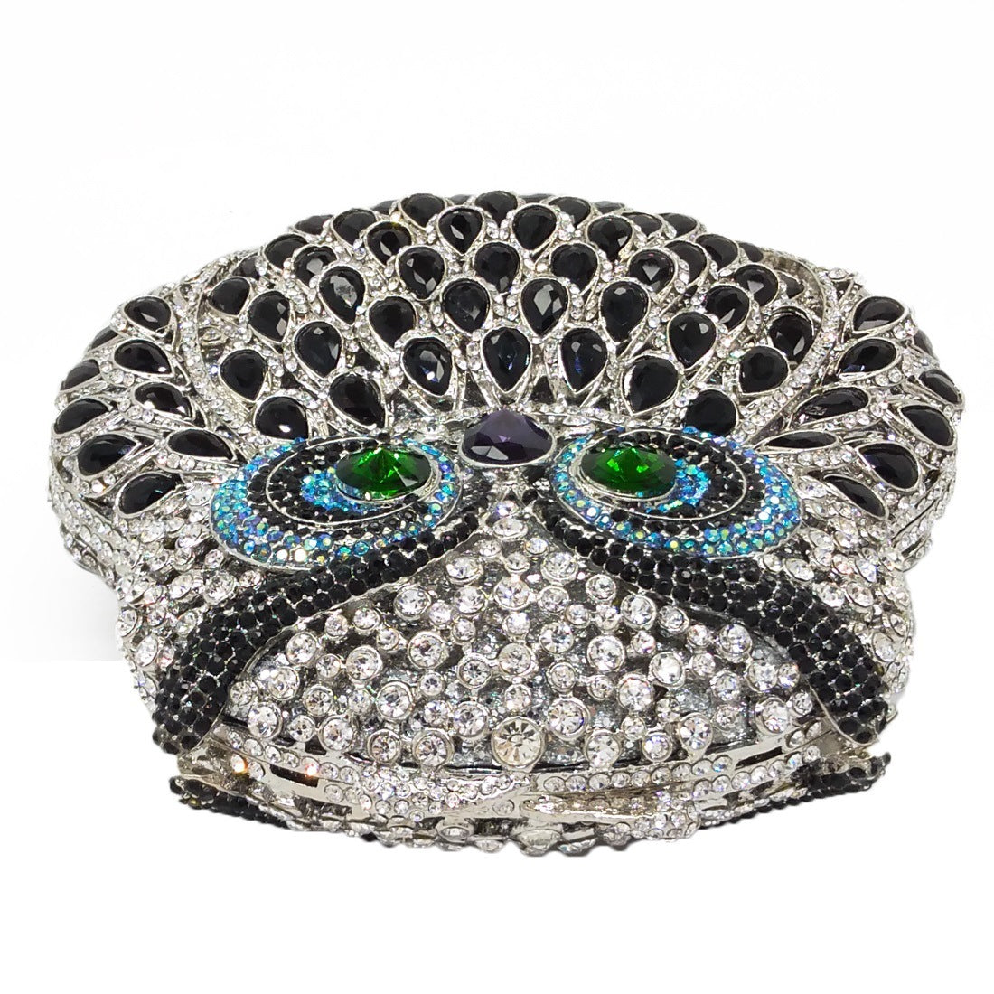 Size: 16*16*5cm ; 16x16x5 centimeters is approximately 6.3 inches x 6.3 inches x 1.97 inches in imperial measurements; Material: Primarily Rhinestone - Multi colored Applicable scene: Dinner,Banquet, Evening, Party, Prom, Bridal Clutch Bag. This is a fully jeweled mini clutch bag. This picture shows the style that is primarily black and white with light blue around the eyes and green in the pupil eye area. This picture also depicts a laying down view to give context to the size of the bag. 