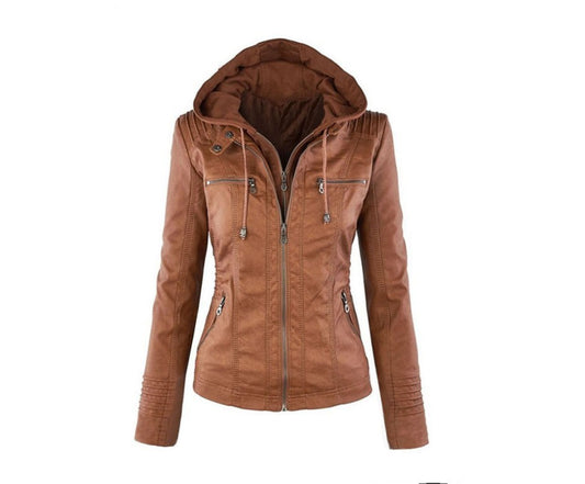 Imitation Leather Hooded Jacket