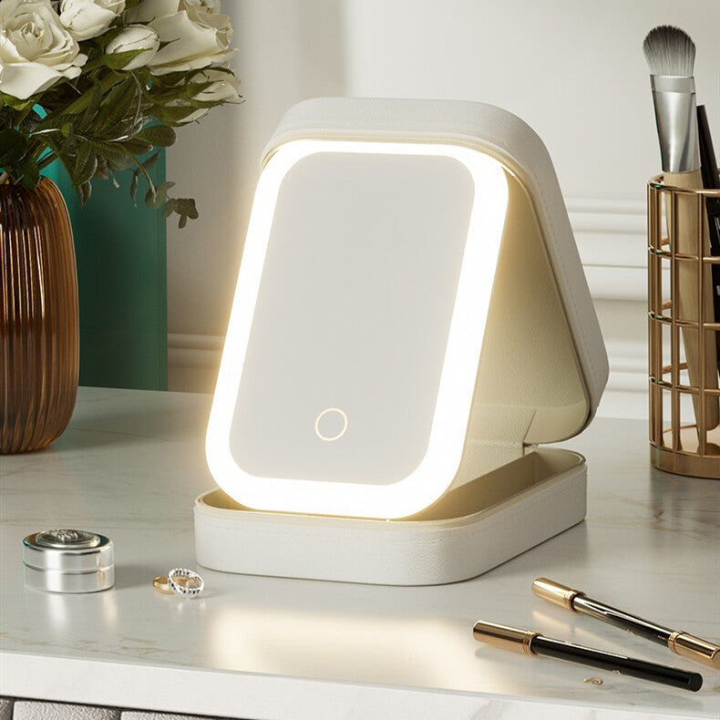 Portable Makeup Storage Box With Touch LED Light Mirror