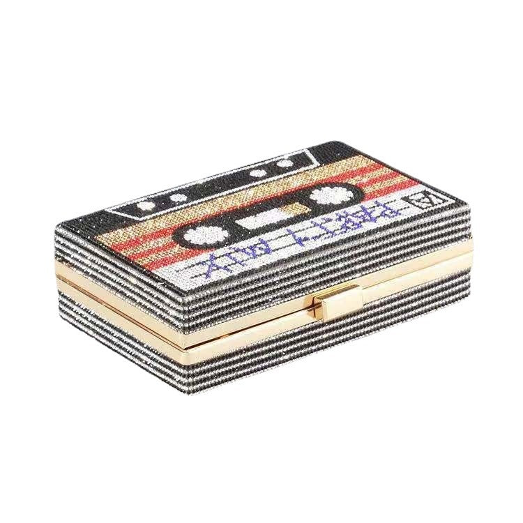 Retro style cassette tape rhinestone studded evening dinner clutch bag